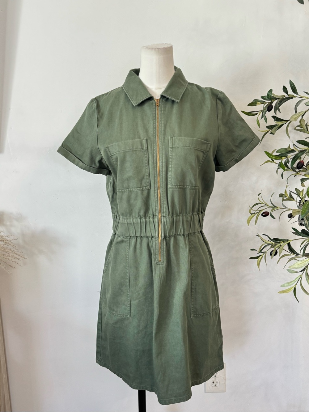 J.Crew Olive Green Utility Zip Front Mini Dress Size 6